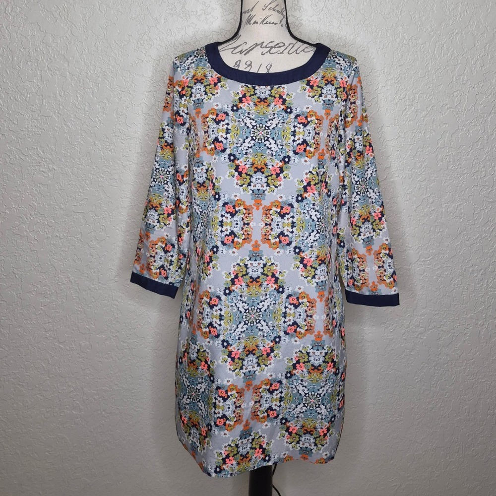 J.Crew Kaleidoscope Floral Shift Dress Navy Trim 3/4 Sleeve Size 4